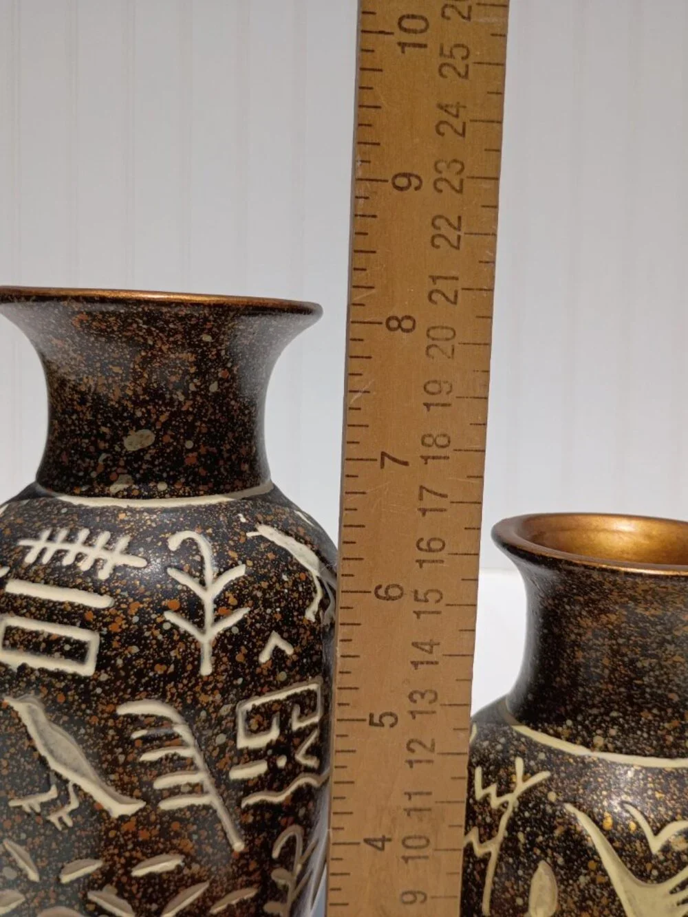 Vintage Pair Chinese Ceramic Hieroglyphic Vases Brown Speckled Boho Decor MCM